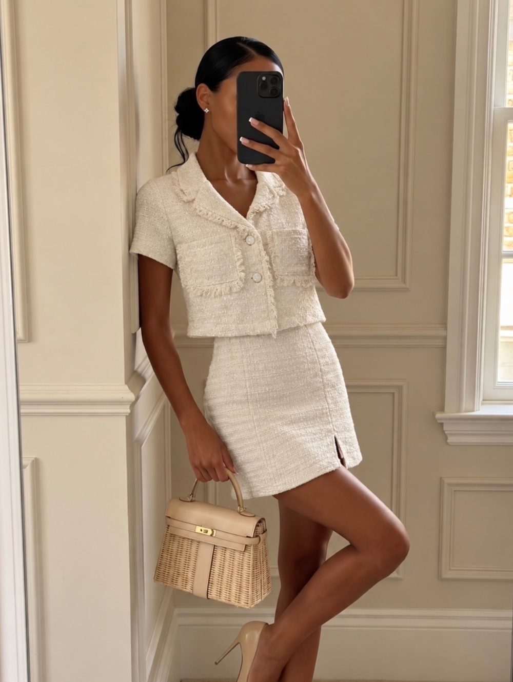 Thirty Thirty Women's White and Cream Tweed Two-Piece Set with Cropped Jacket